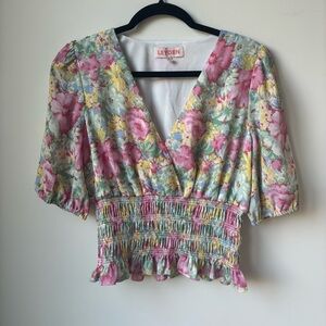 Leyden Pink Green Yellow Floral Peasant Top Blouse Puffy Sleeve Size Small